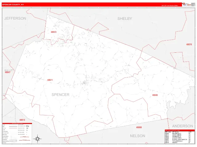Spencer County, KY ZIP Code Wall Map, RedLine style