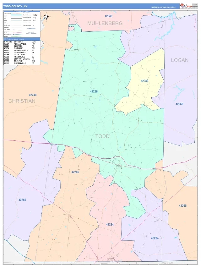Todd County, KY ZIP Code Wall Map, ColorCast style
