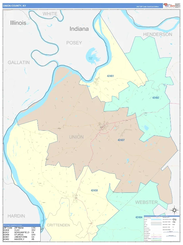 Union County, KY ZIP Code Wall Map, ColorCast style