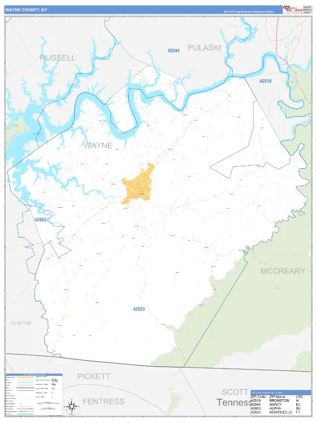 Wayne County, KY ZIP Code Wall Map, Business Reference style