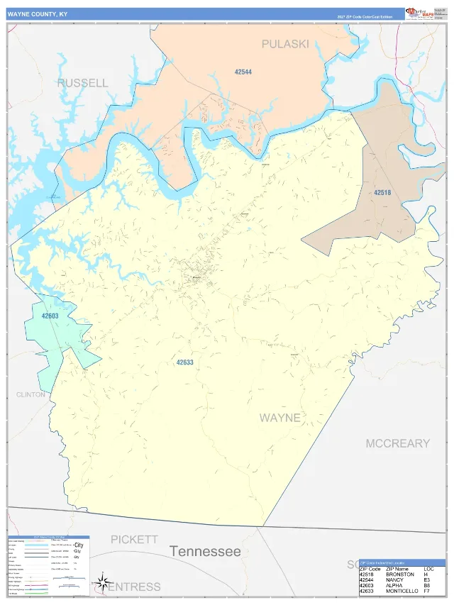Wayne County, KY ZIP Code Wall Map, ColorCast style