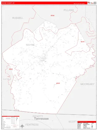 Wayne County, KY RedLine style ZIP Code wall map