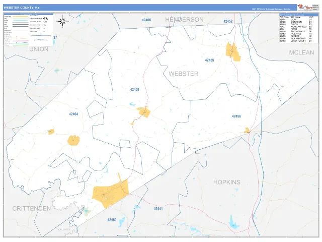 Webster County, KY ZIP Code Wall Map, Business Reference style