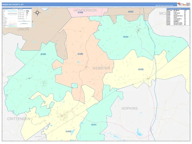 Webster County, KY ZIP Code Wall Map, ColorCast style