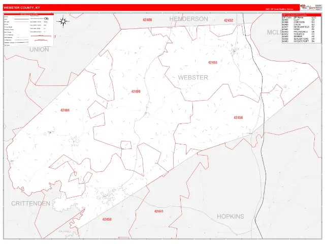 Webster County, KY ZIP Code Wall Map, RedLine style
