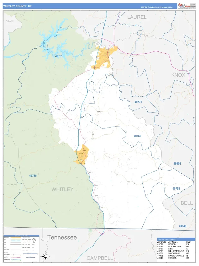 Whitley County, KY ZIP Code Wall Map, Business Reference style
