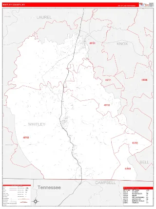 Whitley County, KY RedLine style ZIP Code wall map