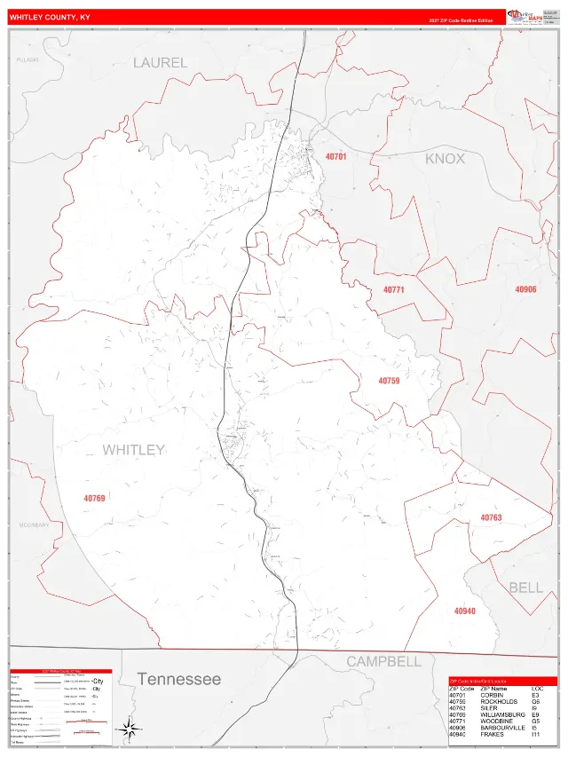 Whitley County, KY ZIP Code Wall Map, RedLine style