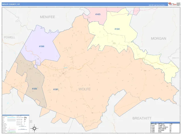 Wolfe County, KY ZIP Code Wall Map, ColorCast style