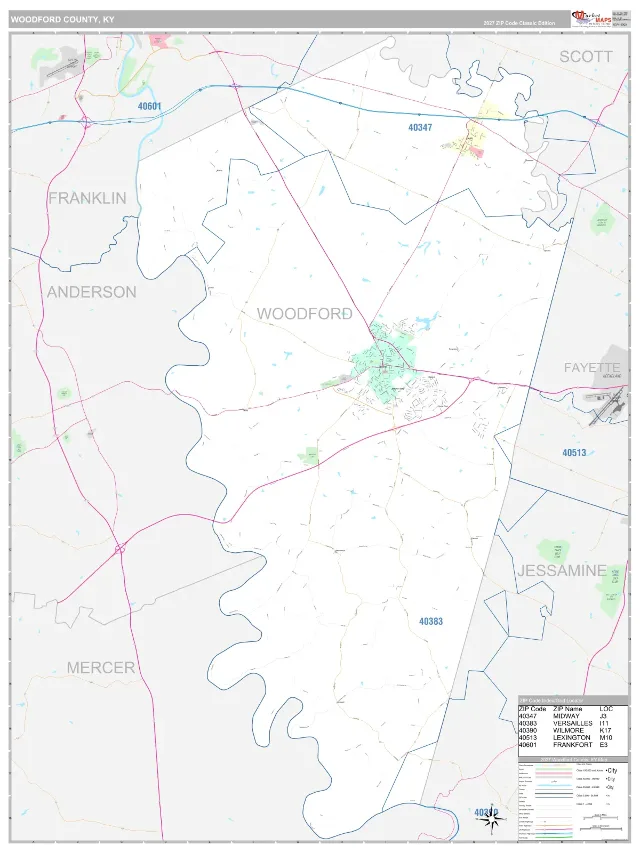Woodford County, KY ZIP Code Wall Map, Classic style