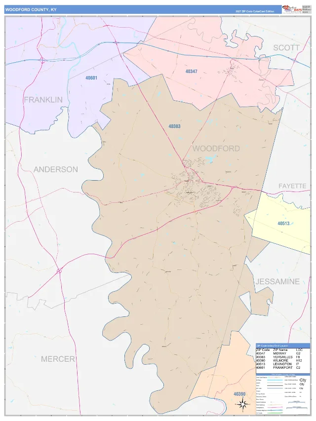 Woodford County, KY ZIP Code Wall Map, ColorCast style