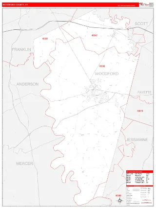 Woodford County, KY RedLine style ZIP Code wall map