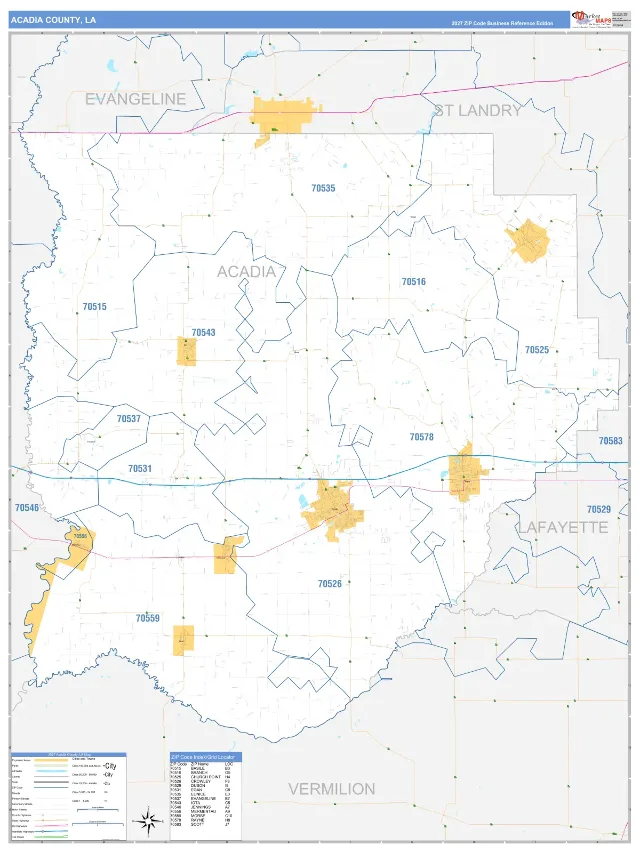 Acadia County, LA ZIP Code Wall Map, Business Reference style