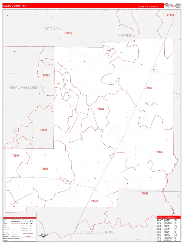 Allen County, LA ZIP Code Wall Map, RedLine style