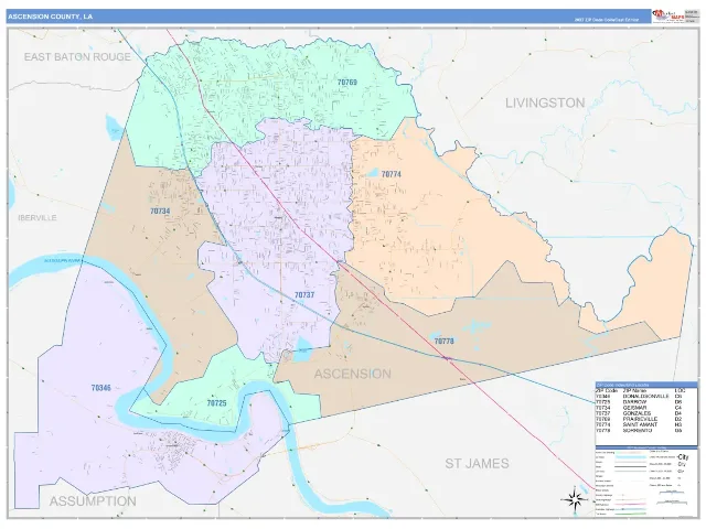 Ascension County, LA ZIP Code Wall Map, ColorCast style
