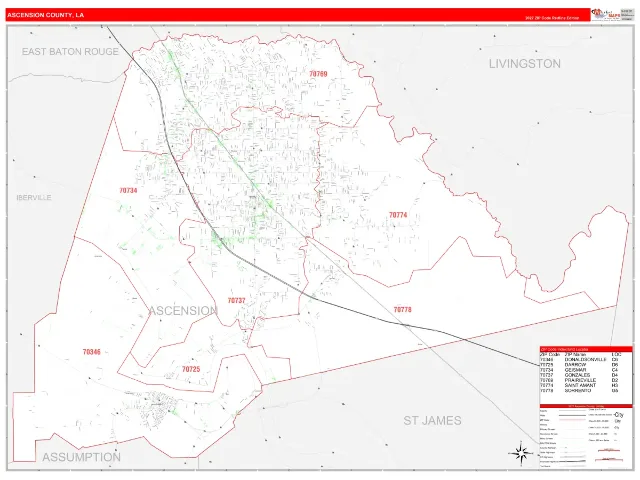 Ascension County, LA ZIP Code Wall Map, RedLine style