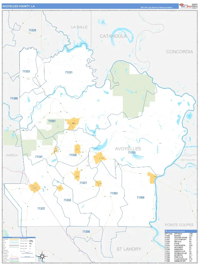 Avoyelles County, LA ZIP Code Wall Map, Business Reference style