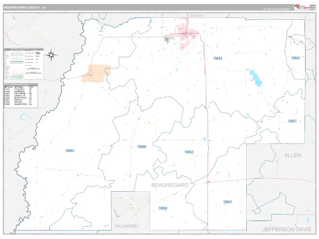 Beauregard County, LA ZIP Code Wall Map, Classic style