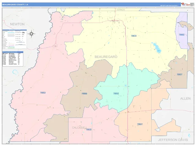 Beauregard County, LA ZIP Code Wall Map, ColorCast style