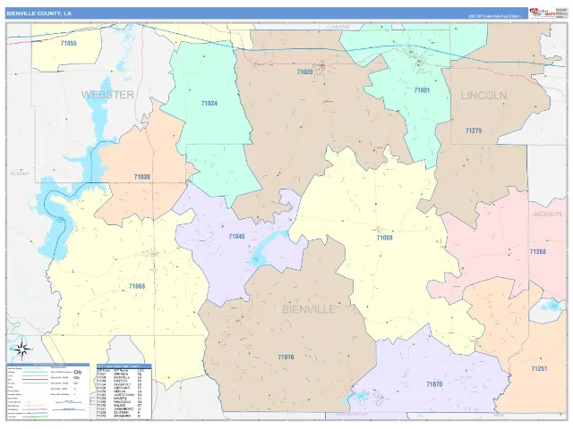 Bienville County, LA ZIP Code Wall Map, ColorCast style