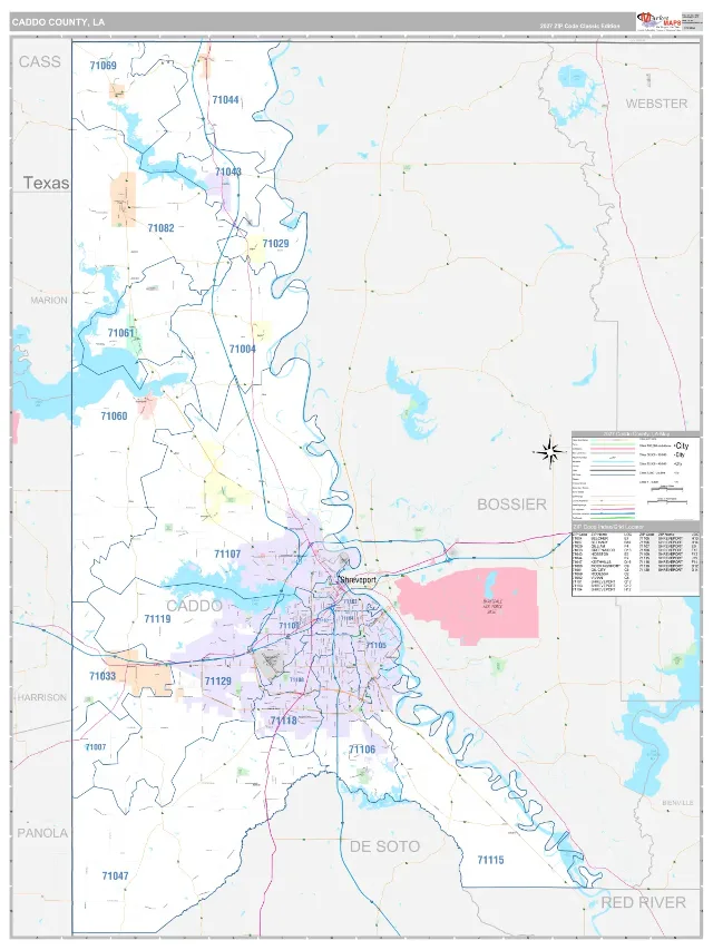 Caddo County, LA ZIP Code Wall Map, Classic style