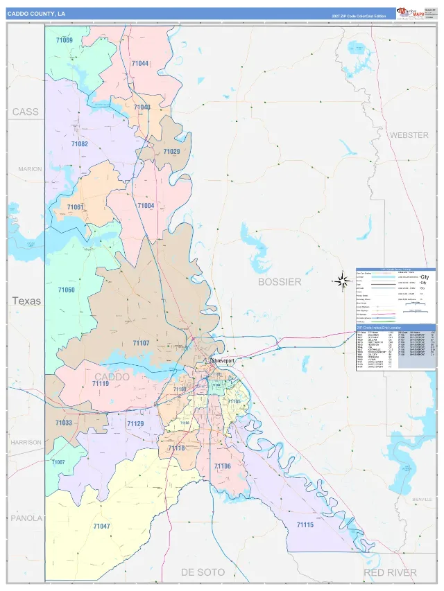 Caddo County, LA ZIP Code Wall Map, ColorCast style