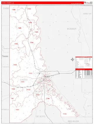 Caddo County, LA RedLine style ZIP Code wall map