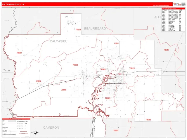 Calcasieu County, LA ZIP Code Wall Map, RedLine style