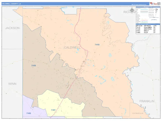Caldwell County, LA ZIP Code Wall Map, ColorCast style