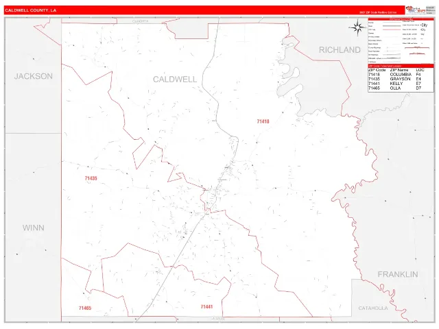 Caldwell County, LA ZIP Code Wall Map, RedLine style