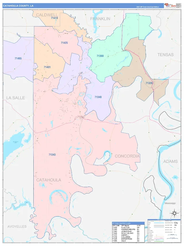 Catahoula County, LA ZIP Code Wall Map, ColorCast style