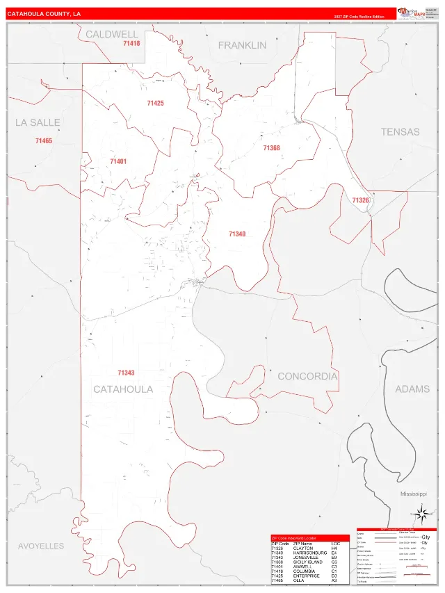 Catahoula County, LA ZIP Code Wall Map, RedLine style
