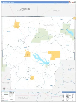 Claiborne County, LA Business Reference style ZIP Code wall map