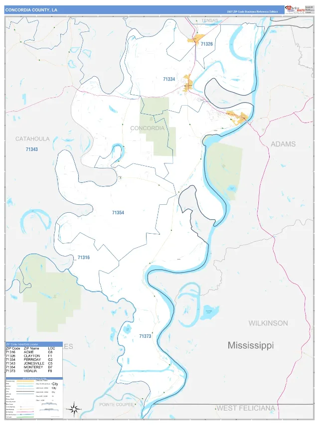 Concordia County, LA ZIP Code Wall Map, Business Reference style