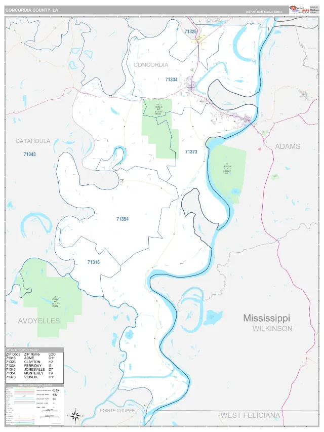 Concordia County, LA ZIP Code Wall Map, Classic style