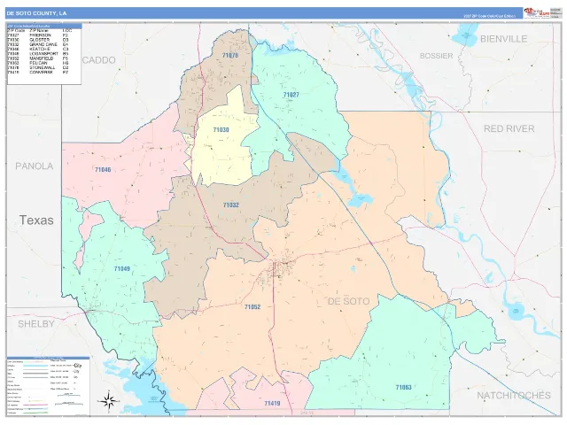 DeSoto County, LA ZIP Code Wall Map, ColorCast style