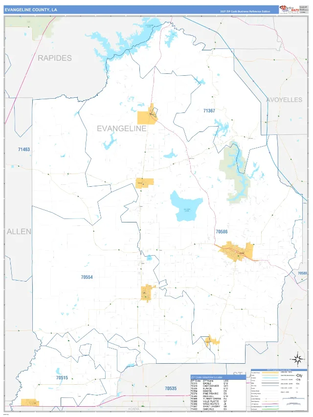 Evangeline County, LA ZIP Code Wall Map, Business Reference style