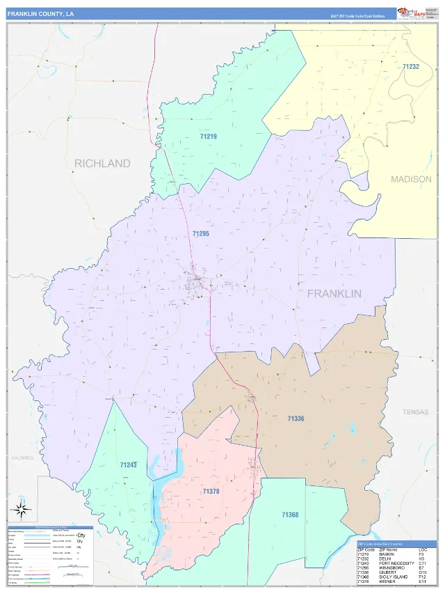 Franklin County, LA ZIP Code Wall Map, ColorCast style