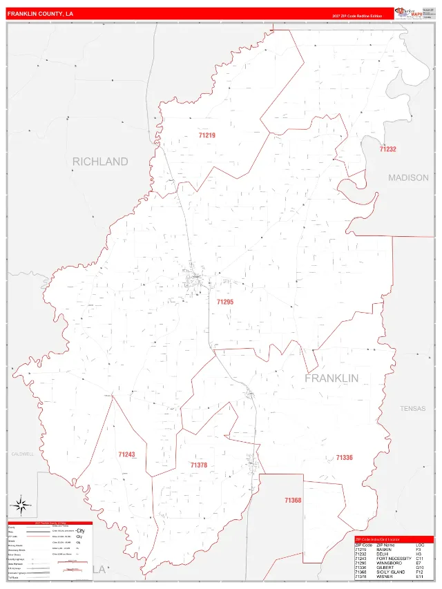 Franklin County, LA ZIP Code Wall Map, RedLine style