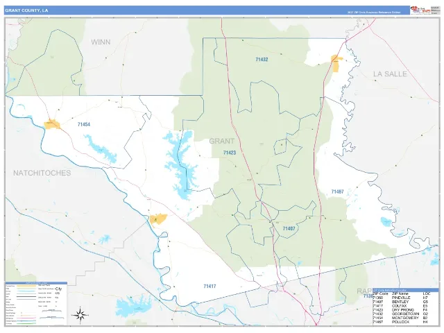 Grant County, LA ZIP Code Wall Map, Business Reference style