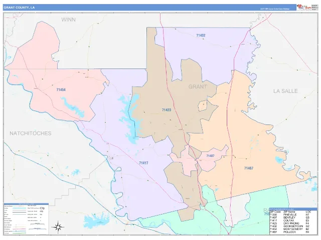 Grant County, LA ZIP Code Wall Map, ColorCast style