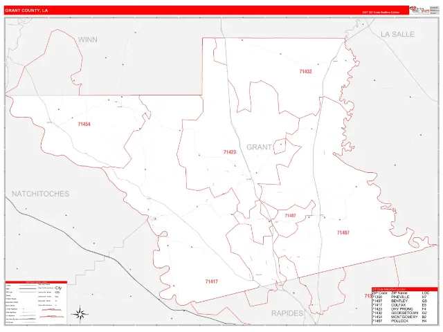Grant County, LA ZIP Code Wall Map, RedLine style