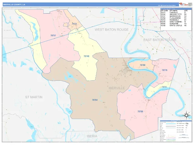 Iberville County, LA ZIP Code Wall Map, ColorCast style