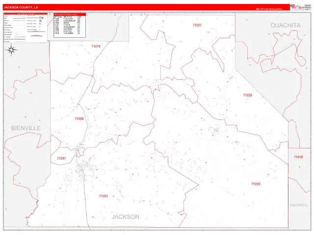 Jackson County, LA ZIP Code Wall Map, RedLine style