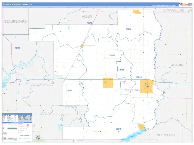 Jefferson Davis County, LA ZIP Code Wall Map, Business Reference style