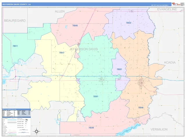 Jefferson Davis County, LA ZIP Code Wall Map, ColorCast style