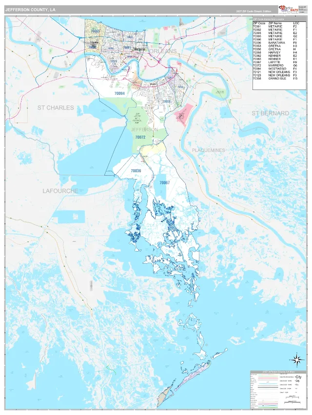 Jefferson County, LA ZIP Code Wall Map, Classic style