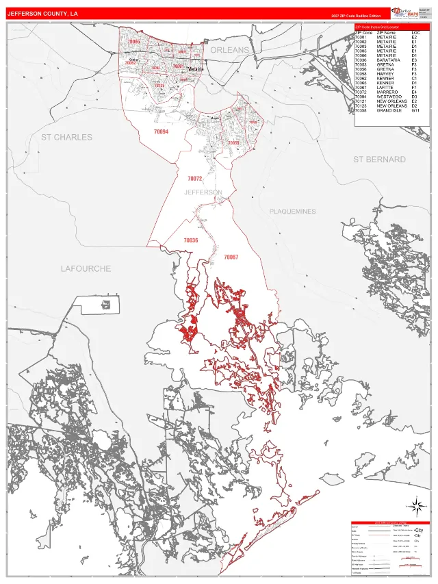 Jefferson County, LA ZIP Code Wall Map, RedLine style