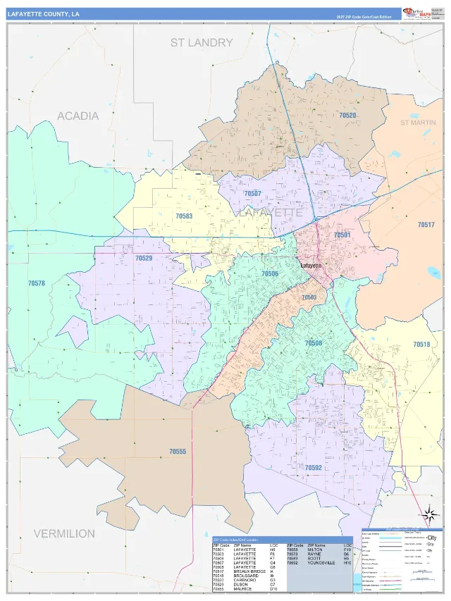 Lafayette County, LA ZIP Code Wall Map, ColorCast style