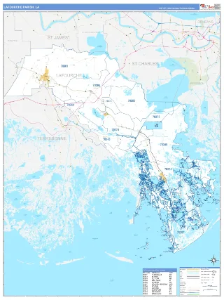 Lafourche County, LA Business Reference style ZIP Code wall map